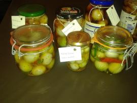 I pickled the smaller onions after our harvest, and experimented with solutions and things like chillies. YUM!