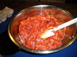 The meat mixed with the flavourings.