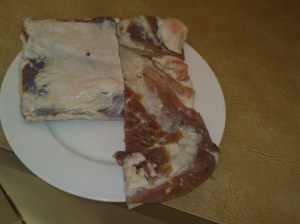 Two different cures after three days. The meat is really quite stiff and glassy.