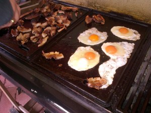 Home-made, home-grown breakfast BBQ. Yum!