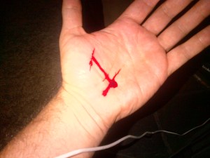 The morning of our first fishing foray and I did this sharpening my knife.