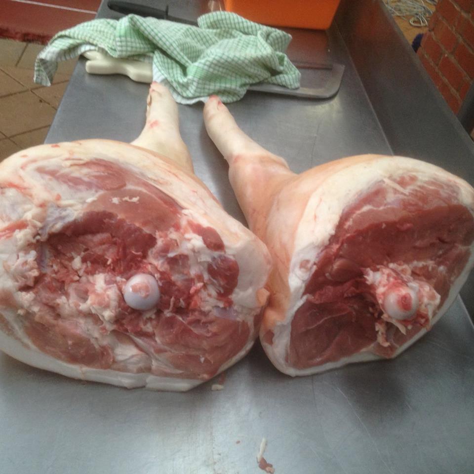 Legs ready to be made into prosciutto. I messed up a little with the one on the left and trimmed it down a little low.