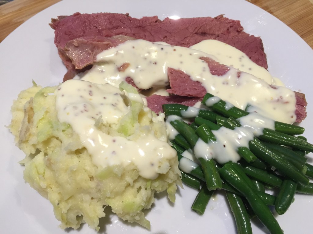 So much yum! Mash and beans go really well with mustard cheese sauce.