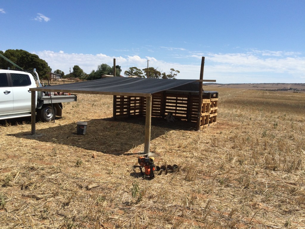 Shelter up, complete with shade. We modified the design a bit to allow us to tension the shade cloth. It works well.